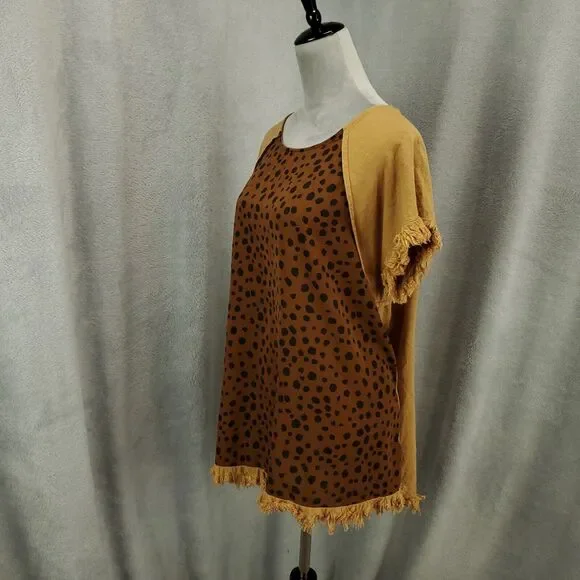Umgee Blouse Womens Large Brown Linen Blend Raw Hem Cheetah Leopard Animal Print - Picture 10 of 10